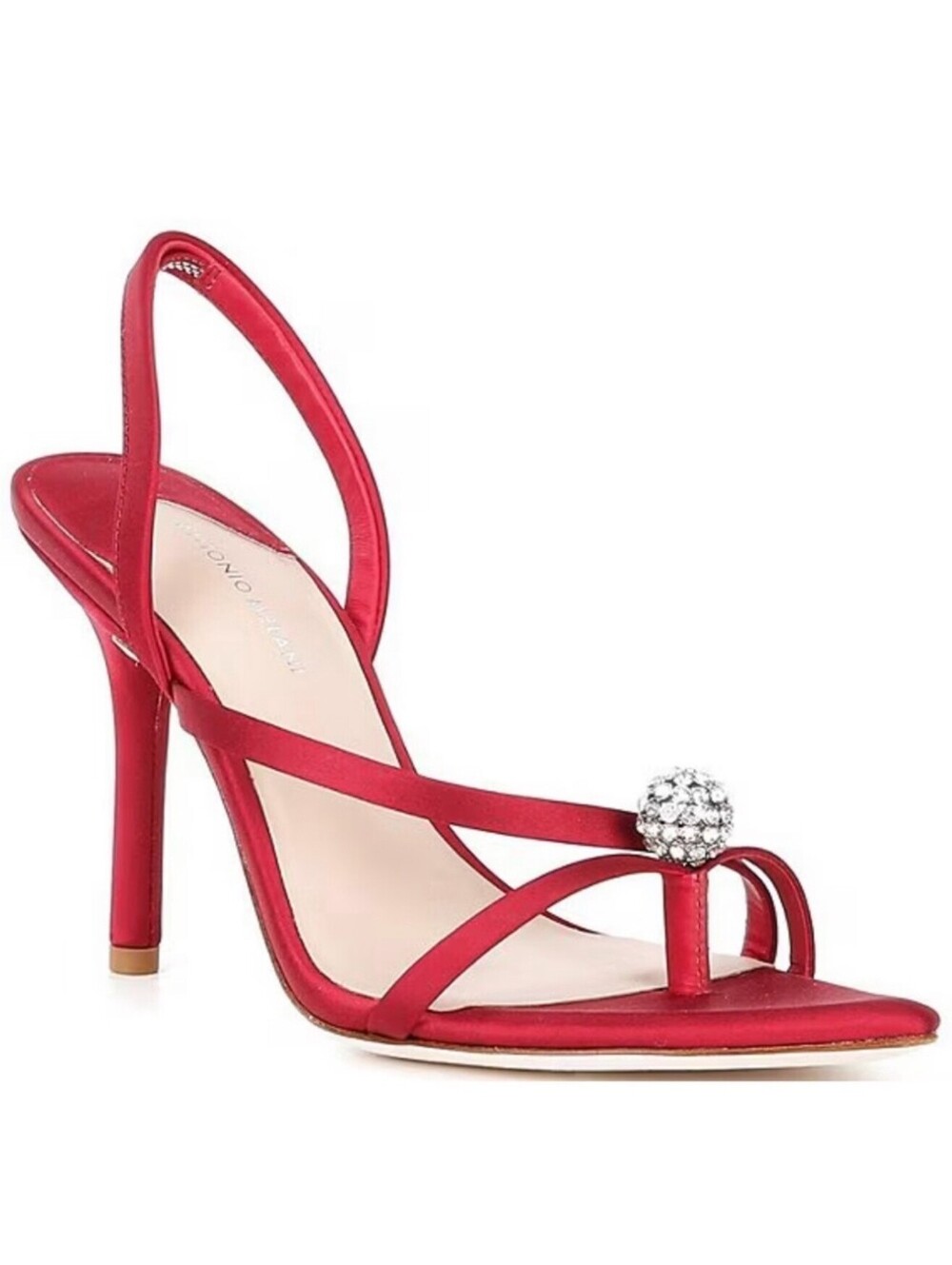 ANTONIO MELANI Ames Two satin jeweled stiletto sandals garnet red slingback
